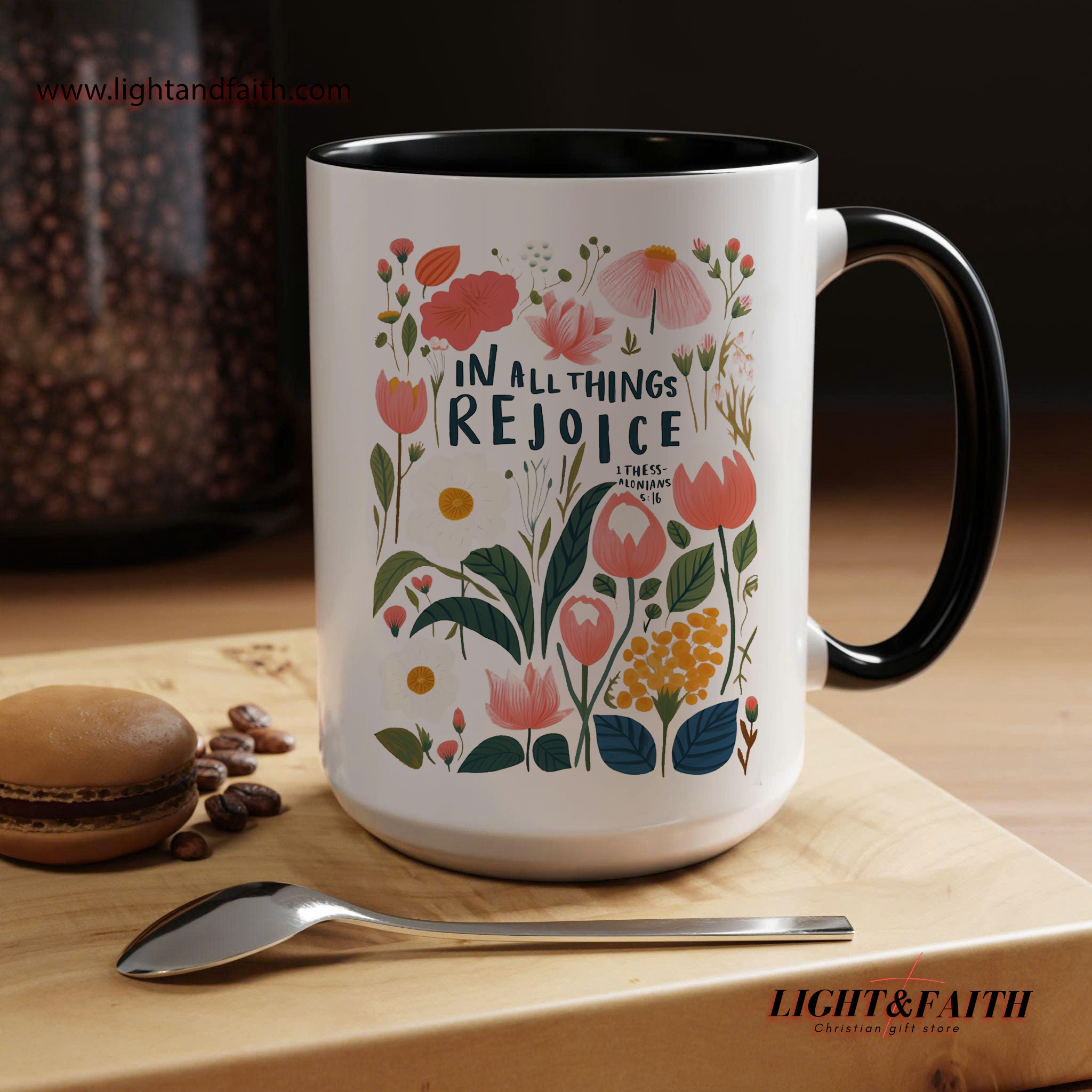 In All Things Rejoice Mug – 1 Thessalonians 516 Scripture Coffee Cup, Floral Christian Mug, Inspirational Bible Verse Gift MULAF03